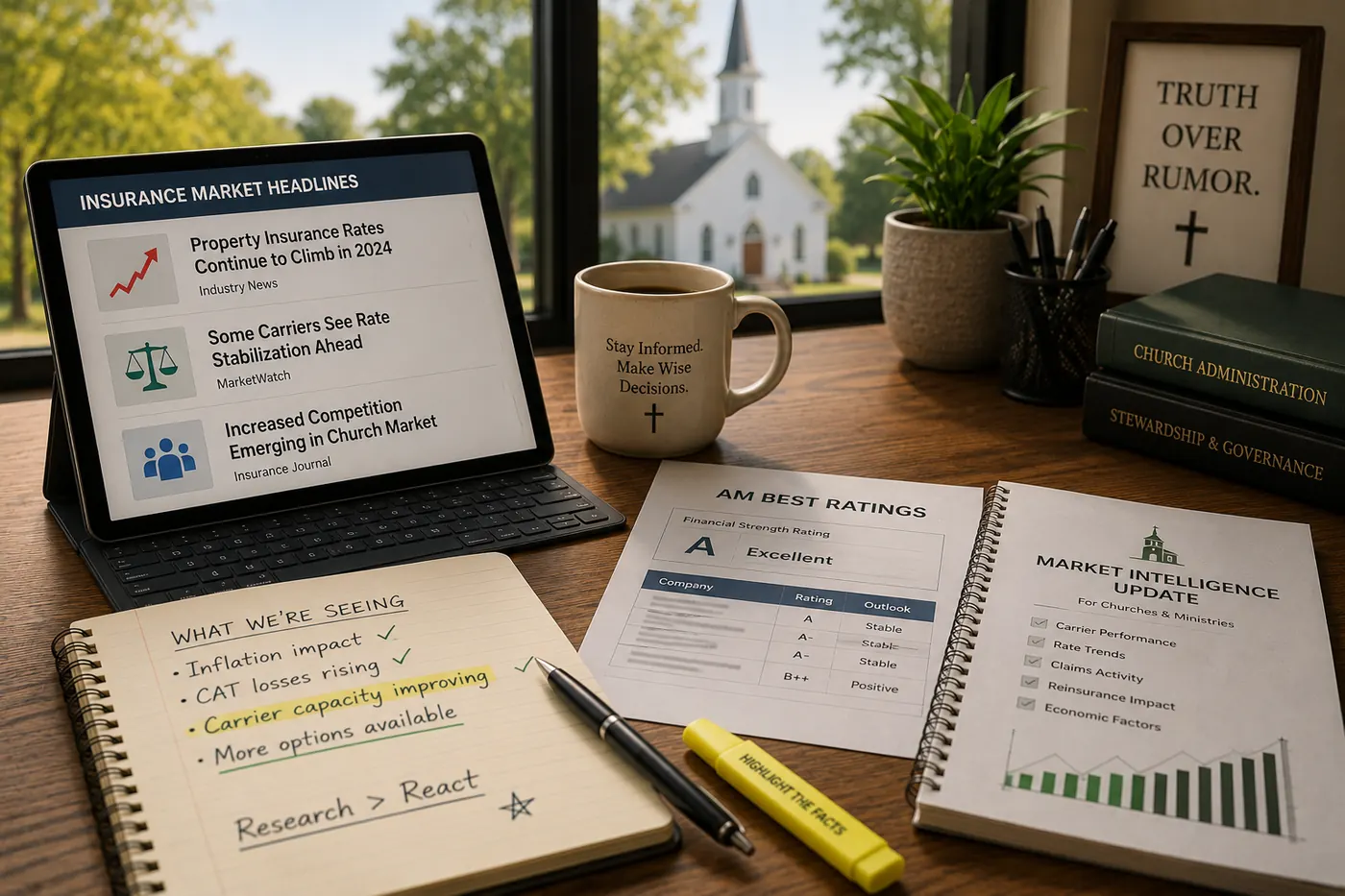 A church office desk with market news and rating reports laid out