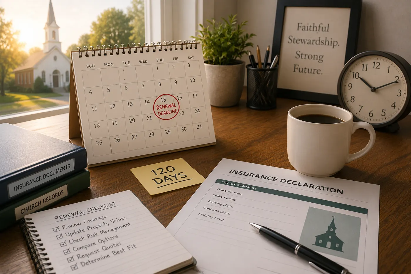 A desk calendar with a renewal deadline circled and a 120 days note